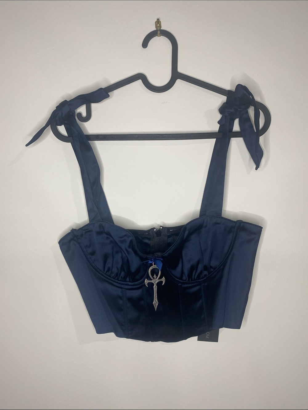 Navy Satin Tie-Shoulder Corset Crop Top